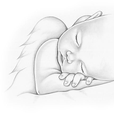 a black and white drawing of a sleeping baby