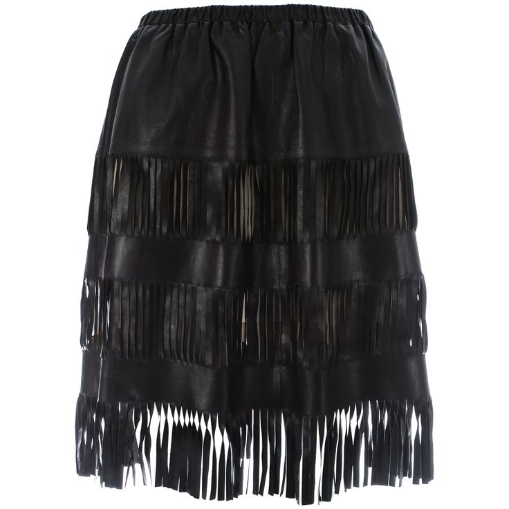 - Silk chiffon lining - Cut out panels - Fringed hem Spring-Summer 1999 Leather Jacket With Fringe, Tom Ford For Gucci, Black Leather Skirt, Painted Denim Jacket, Long Gown Dress, Gucci Outfits, Painted Denim, Black Leather Skirts, Silk Twill