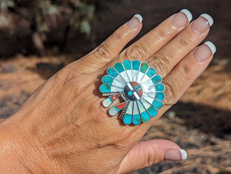 Native American Jewelry Zuni Handmade Ring Genuine NA navajojewelry Turquoise Cluster Women's Western Style Sun Face Kachina Sz 8.5US Turquoise Inlay Ring As Gift, Turquoise Inlay Ring For Gift, Turquoise Inlay Ring Gift, Turquoise Inlay Ring As A Gift, Artisan Turquoise Inlay Ring As A Gift, Artisan Turquoise Inlay Ring For Gift, Artisan Turquoise Inlay Ring As Gift, Southwestern Style Rings With Inlay, Southwestern Style Turquoise Inlay Ring