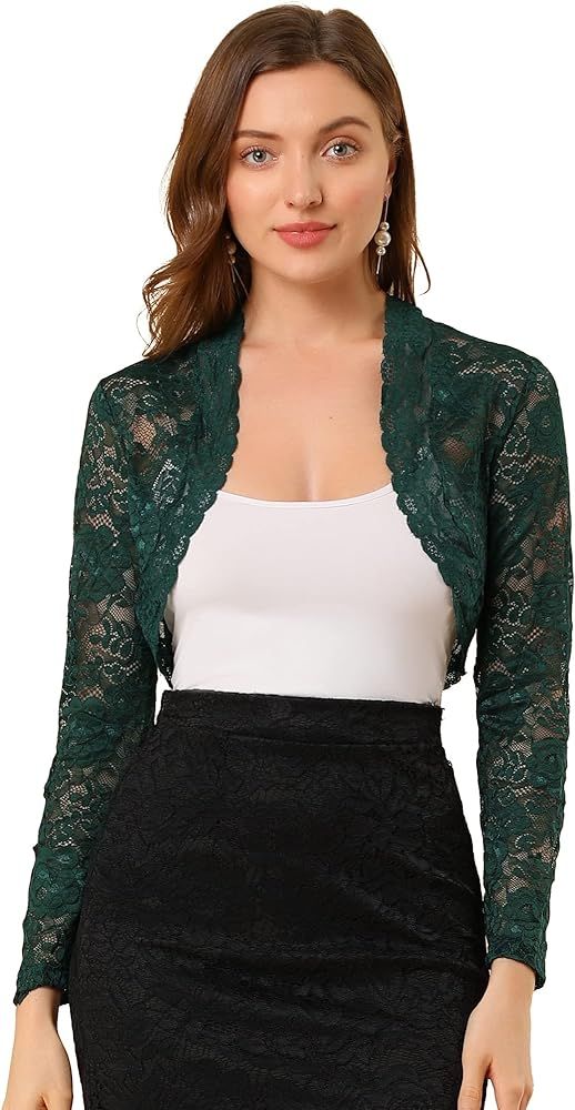 Allegra K Women's Lace Shrug Elegant Long Sleeve Sheer Short Lace Bolero Shrugs Green 8 : Amazon.co.uk: Fashion Short Shrug, Islamic Modest Fashion, Shrug Top, Lace Shrug, Baby Luggage, Lace Bolero, Bolero Shrug, Crop Cardigan, Uk Fashion