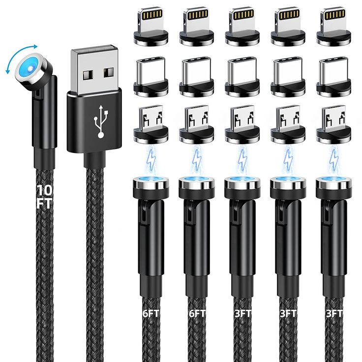 an assortment of charging cables and plugs for the iphone, including one usb cable