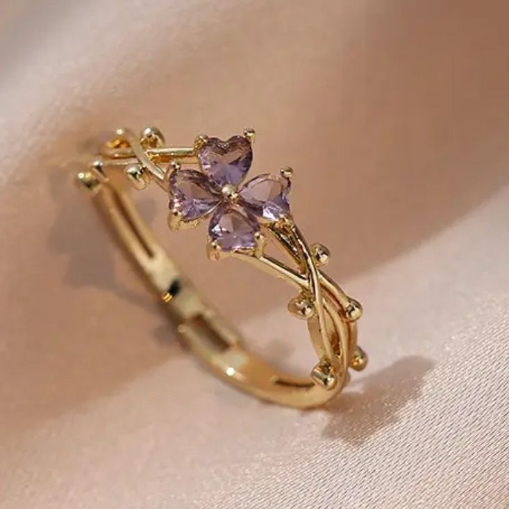 * New With Store Tags * Retail $44 * Dainty Design * Gold Plated * Adjustable Size Amethyst Wedding Rings Gold, Butterfly Wedding Ring Engagement, Size 9 Rings, Crystal Rings Gold, Rings With Purple Stones, Ethereal Rings Aesthetic, Rose Gold Aesthetic Jewelry, Minimalistic Promise Rings, Purple Quince Ring