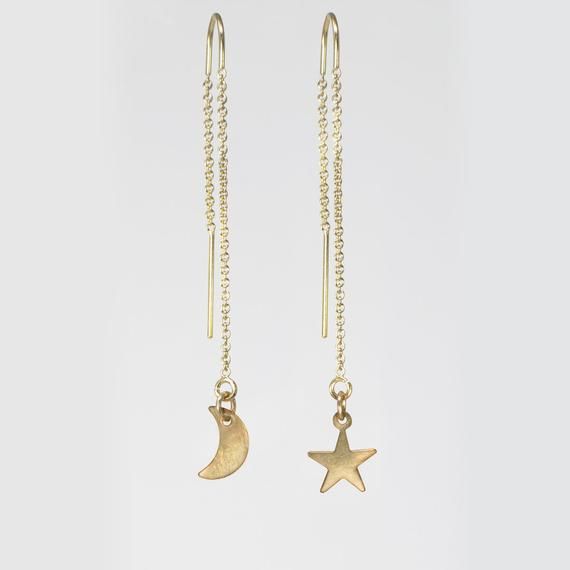 Tiny 14k gold fill moon and stars threader earrings Celestial 14k Gold Dangle Earrings, 14k Gold Celestial Dangle Earrings, 14k Gold Filled Moon Charm Dangle Earrings, 14k Gold Filled Dangle Earrings With Moon Charm, Dainty Gold Earrings With Moon Charm, Gold Star Earrings With Moon Charm, 14k Gold Filled Dangle Earrings With Star Charm, Ufo Jewelry, Crystal Ball Necklace