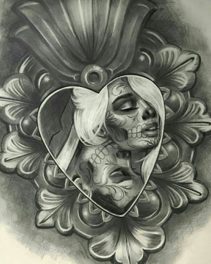 a drawing of a woman's face in the shape of a heart with skulls on it