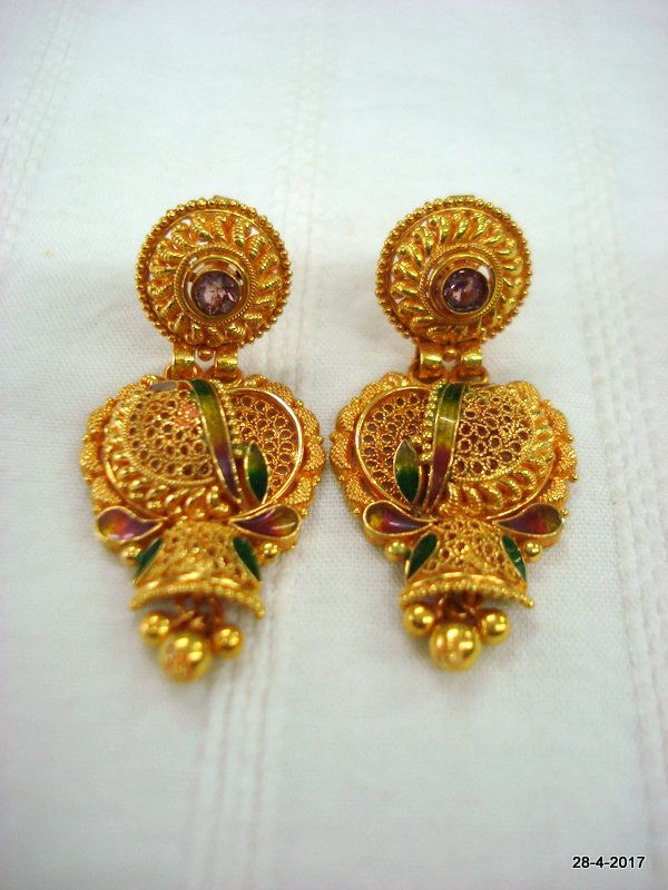 "vintage antique 20kt gold earring pair from rajasthan india. great handmade design, good for jewelry collection. Note - Please check pictures carefully for more detail. height max - 3.7 cm(1.46\") width max. - 1.6 cm(0.63\") weight - 9.440 grams material - 20kt solid yellow gold." Ornate Gold Kundan Earrings, Ornate Kundan Gold Earrings, Ornate Gold Kundan Danglers, Ornate Kundan Gold Danglers, Ceremonial Gold Kundan Danglers, Ceremonial 22k Gold Meenakari Bridal Earrings, Traditional 22k Gold Bridal Earrings, Traditional 22k Gold Earrings For Festive Occasions, Traditional Gold Kundan Earrings