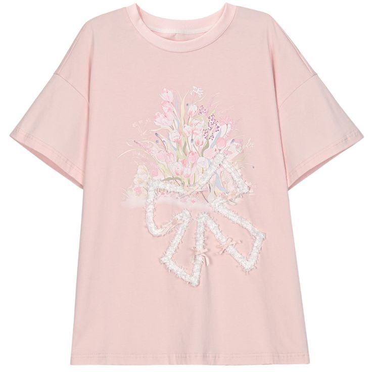 Add a touch of sweetness to your wardrobe with this adorable pink floral print T-shirt. The charming bowknot design adds a playful and feminine touch, while the loose fit ensures comfort and effortless style. Made from high-quality cotton, this T-shirt is perfect for everyday wear and can be easily paired with your favorite bottoms.  Please note that this product includes only one T-shirt.  Garment Size   	 		 			Size 			S 			M 			L 		 		 			Full Length 			63 			65 			67 		 		 			Bust 			105 Casual Summer T-shirt With Pink Bow, Feminine Cotton Short Sleeve T-shirt, Spring Cotton T-shirt With Bow, Pink Floral Print T-shirt For Summer, Casual Short Sleeve T-shirt With Pink Bow, Spring Cotton Top With Bow Detail, Cute Bow T-shirt For Spring, Casual Bow Print Tops For Spring, Casual Tops With Bow Print For Spring