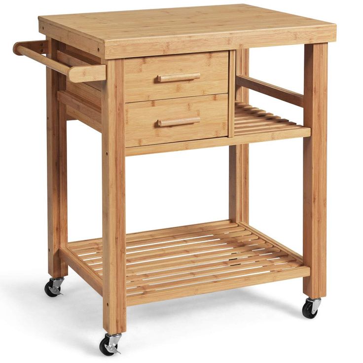 a wooden cart with two drawers and wheels on the bottom shelf is shown in front of a white background