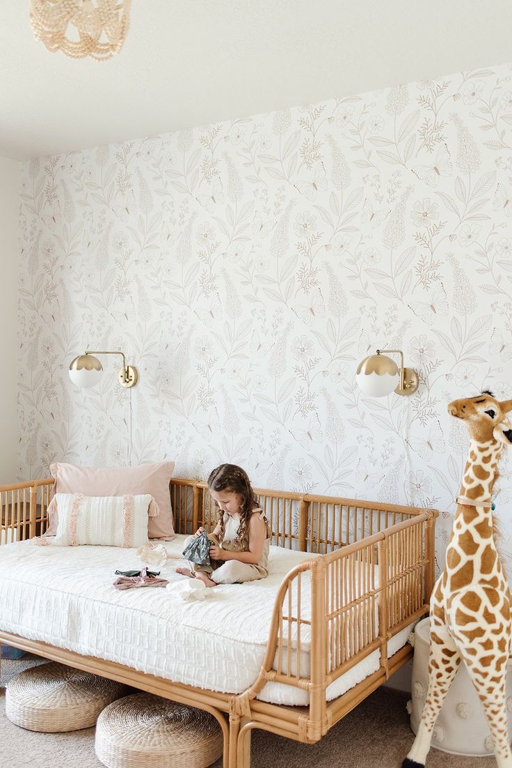 Flower Wall Stencil Bedrooms, White Accent Wall Bedroom, Toddler Big Girl Room, Baby Girl Room Wallpaper, Girl Bedroom Wallpaper, All White Nursery, Emerald Room, Gooseberry Moon, Statement Bedroom