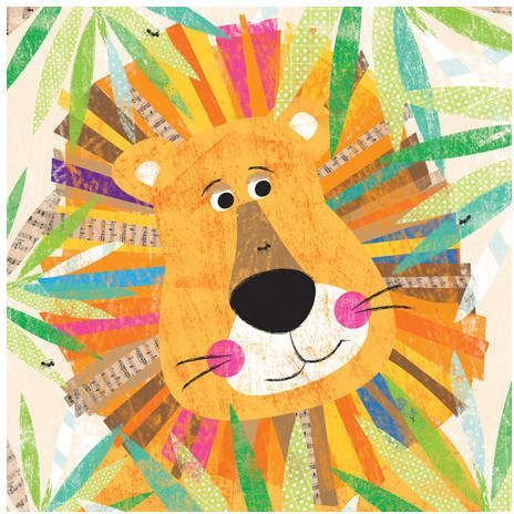 the lion is surrounded by colorful leaves and has his face painted orange, green, blue, yellow