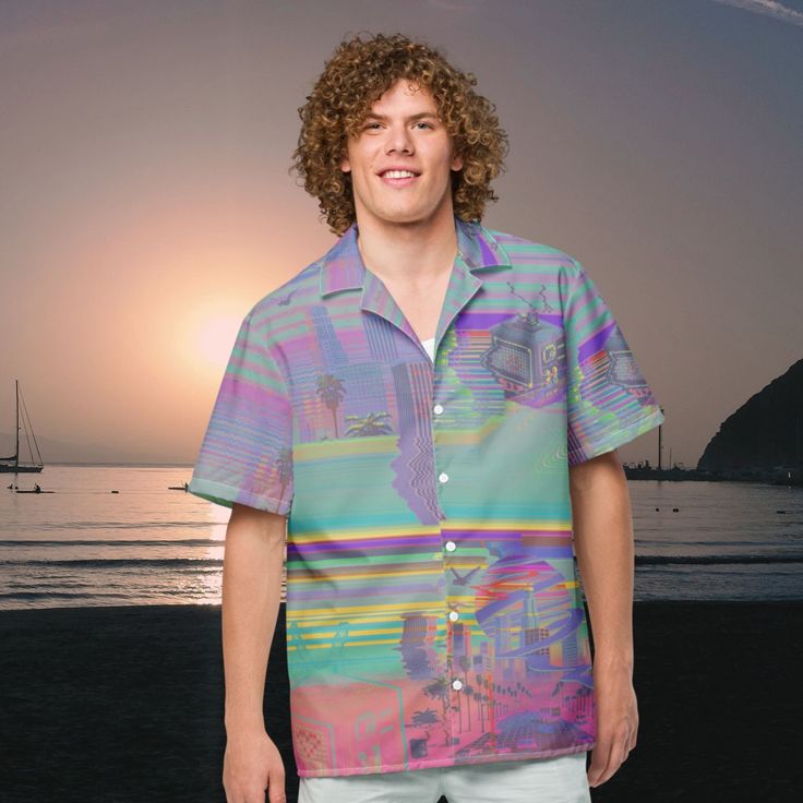 "🌆🎶 \"Nostalgia Broadcast\" Vaporwave Festival Button Down Shirt: A Retro-Futuristic Odyssey 🎶🌆 Dive into the digital dreamscape of the \"Nostalgia Broadcast\" Button Down Shirt, your ultimate companion for summer festivals and beyond. Crafted for those who live at the crossroads of past and future, this shirt is a wearable tribute to the neon-drenched nostalgia of the '80s and the visionary essence of vaporwave culture. Designed to keep you cool and stylish with its lightweight, moisture-wicking fabric, it's perfect for the rave scene, Y2K celebrations, or any EDM event where making a bold statement is the name of the game. 🌴✨ Design & Comfort Fusion: Retro Futurism at its Finest: Featuring a mesmerizing blend of neon glows, cyberpunk vibes, and iconic '80s television aesthetics, set Button-up Short Sleeve Beach Shirt, Button-up Vacation Shirt, Relaxed Fit Hawaiian Shirt For Beach, Vacation Button-up Shirt, Multicolor Button-up Shirt For Vacation, Collared Hawaiian Shirt With Buttons And Relaxed Fit, Multicolor Button-up Vacation Shirt, Relaxed Fit Collared Hawaiian Shirt With Buttons, Trendy Hawaiian Button-up Shirt For Beach