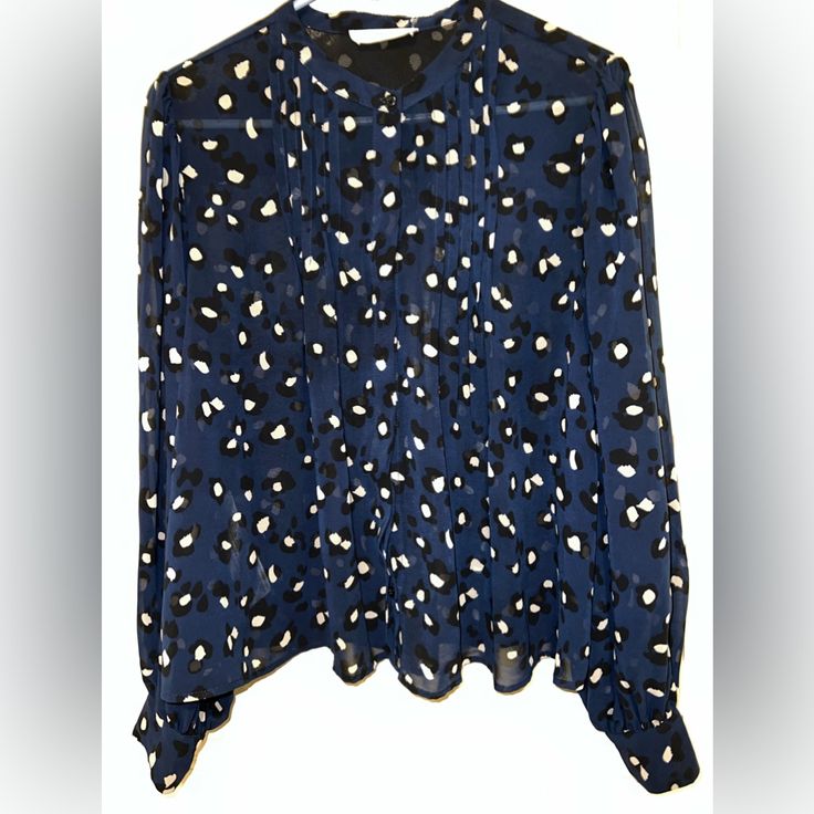 Mango Women’s Navy Blue Animal Print Sheer Blouse In A Size 8. This Beautiful Top Is New Without Tags. You Can Go To Work Straight To Happy Hour With This Blouse With It’s Soft Sheer Look. Trendy Long Sleeve Blue Blouse, Trendy Blue Long Sleeve Blouse, Blue Printed Tops For Work, Printed Blue Tops For Workwear, Blue Long Sleeve Blouse For Fall, Long Sleeve Blue Blouse For Fall, Printed Blue Shirt For Work, Blue Printed Shirt For Work, Elegant Printed Blue Blouse