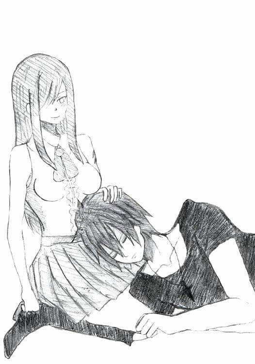 a pencil drawing of two people laying on the ground with one person touching another's head