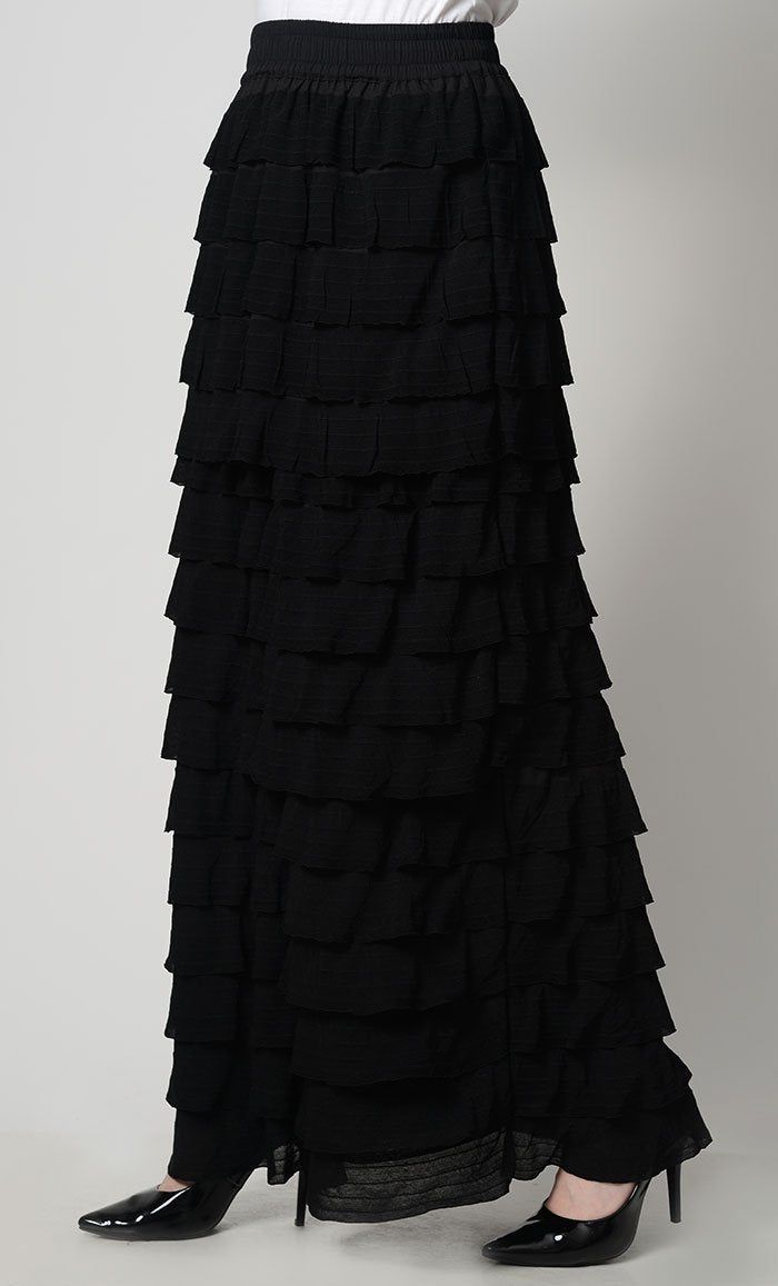 Triple tier stylish skirt - EastEssence.com Chic Pleated Tiered Bottoms, Chic Tiered Pleated Bottoms, Solid Color Tiered Ruffled Skirt, Solid Tiered Ruffled Skirt, Solid Tiered Skirt With Ruffle Hem, Elegant Black Tiered Bottoms, Black Tiered Skirt With Ruffles, Black Flowy Tiered Skirt, Elegant Tiered Black Bottoms