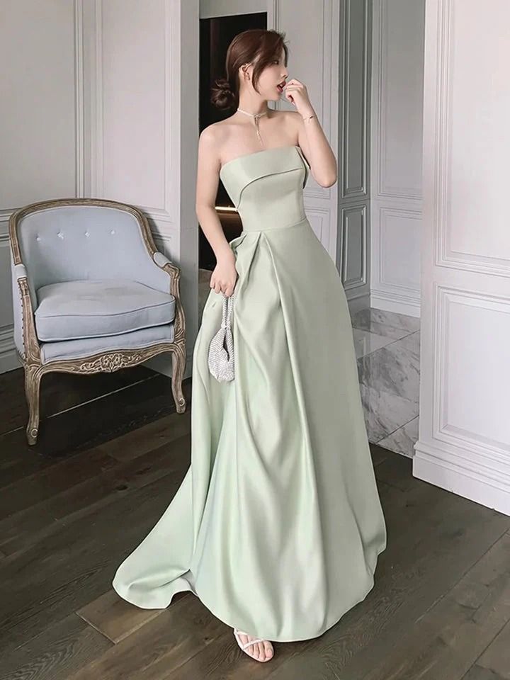 Solid Dresses For Banquet During Party Season, Satin Mini Dress For Banquet During Prom Season, Elegant Green Strapless Dress For Banquet, Green Strapless Dress For Banquet During Prom Season, A-line Bridesmaid Evening Dress For Party Season, Green Strapless Evening Dress For Banquet, Green Strapless Dress For Prom Banquet, Solid Color Dresses With Fitted Bodice For Prom, Solid Color Prom Dress With Fitted Bodice