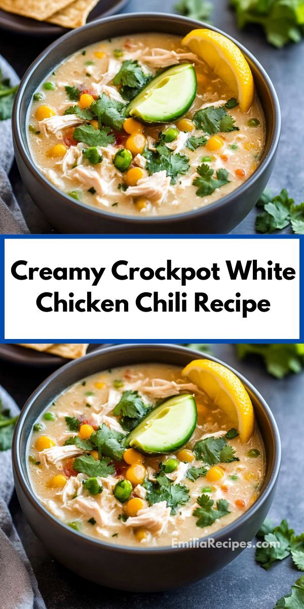 two bowls of creamy crockpot white chicken chili recipe with avocado and cilantro