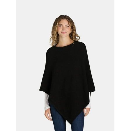 Old-school charm with updated style, Time and Trus Knit Poncho is the best of both worlds. Supremely soft and cozy, this slip-it-on-and-go poncho makes an excellent extra layer that also makes a stylish statement. A chic alternative to a cardigan or blazer, youll love mixing and matching this poncho with all your workday to weekend faves. Only at Walmart. Size: S-M.  Color: Black.  Gender: female.  Age Group: adult. Casual Solid Color Poncho For Fall, Casual One-size Poncho, Black Knitted Poncho One Size, Black Knitted One-size Poncho, Casual Black Poncho For Cold Weather, Oversized Black Casual Poncho, Casual Oversized Black Poncho, Black Knit One-size Poncho, Oversized Black Knit Poncho