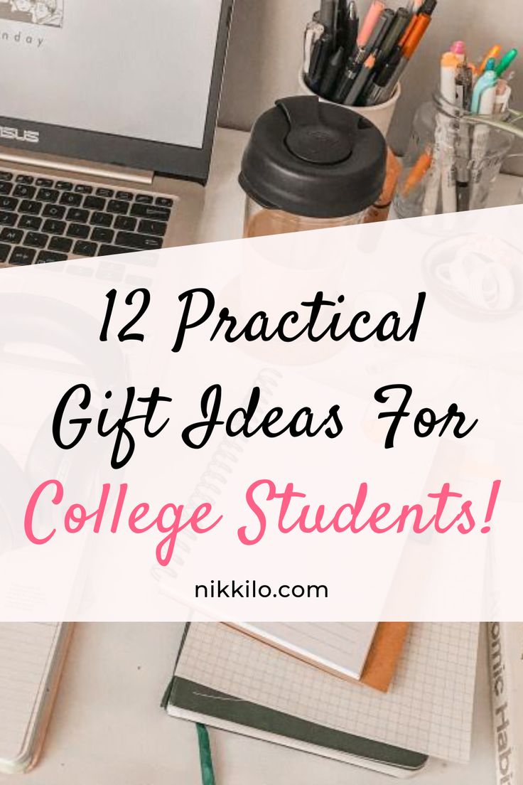 a laptop computer sitting on top of a desk with the words 12 practical gift ideas for college students