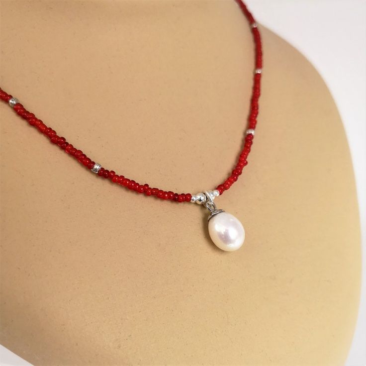 Red Beaded Pendant Necklace, Red Pearl Pendant Necklace As Gift, Red Round Pearl Jewelry, Red Pendant Beads For Gifts, Red Pearl Necklace With Gemstone Beads, Red Beaded Necklaces For Jewelry Making, Gift Red Pearl Necklace With Polished Beads, Red Pearl Necklace With Polished Beads As A Gift, Red Polished Pearl Necklace