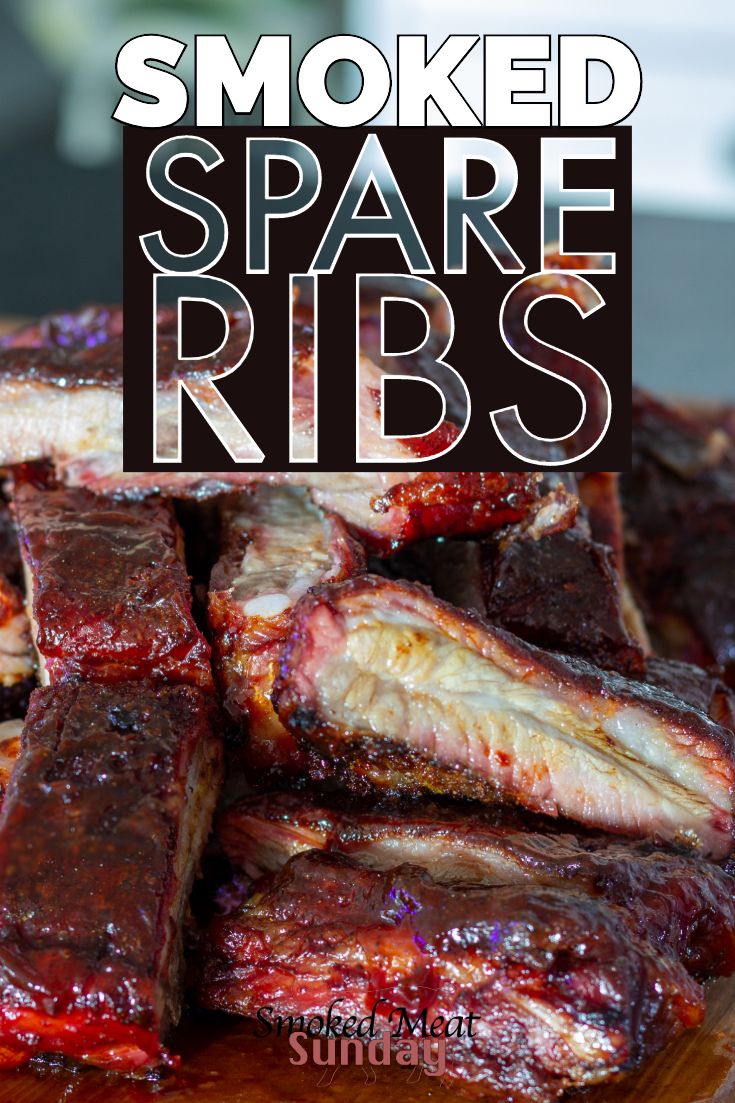 smoked spare ribs on a cutting board with the words smoked spare ribs above it and below