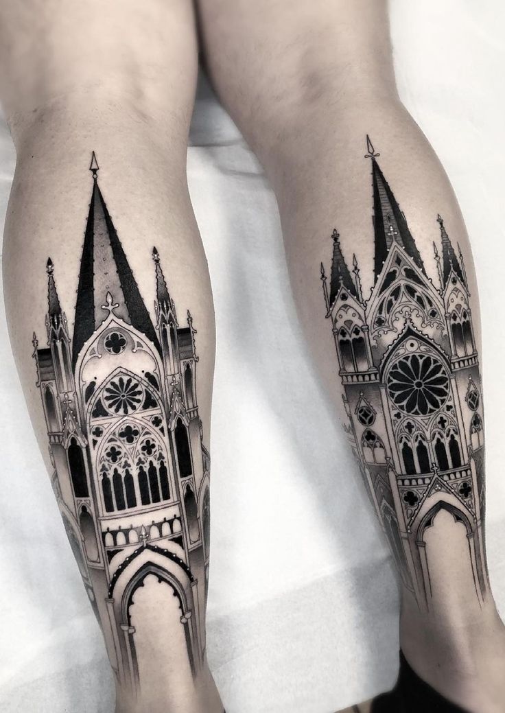 Best Architecture Tattoos Dark Architecture Tattoo, Tattoo Of Buildings, Gothic Castle Tattoo Sleeve, Steeple Tattoo, Goth Window Tattoo, Arcitechture Tattoos, Cathedral Leg Tattoo, Gothic Architecture Tattoo Sleeve, Gothic Geometric Tattoo