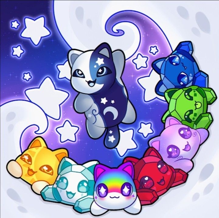 a bunch of little kittens that are in the air with stars and clouds behind them