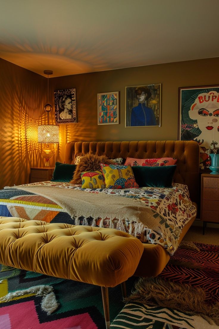 a bedroom with a bed, rugs and pictures on the wall above it's headboard