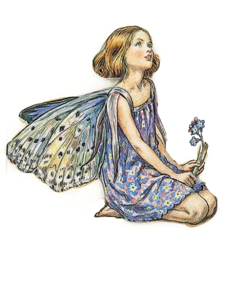 a drawing of a fairy sitting on the ground with a flower in her hand and looking up