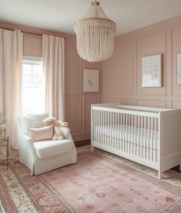 a baby's room with pink walls, white furniture and a chandelier