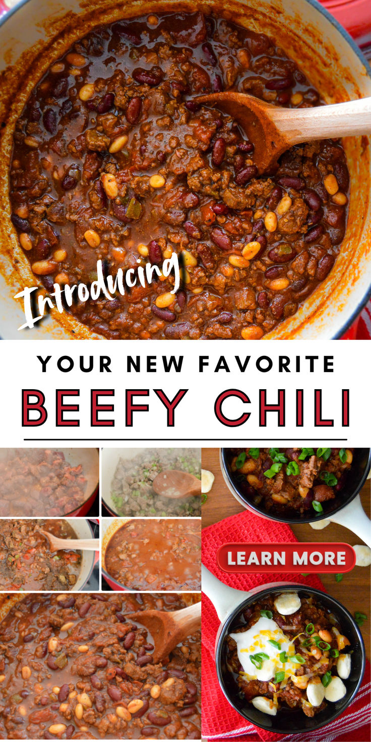 3 photos of beefy chili, top in a dutch oven, lower left is a collage of steps and lower right is the chili in bowls with handles, crackers, sour cream and green onions. Chili Homemade, Recipe For Chili, Chili Toppings, Loaded Baked Potato Soup, Quick Dishes, Soup Recipes Slow Cooker, Beef Chili, Sweet Potato Soup, Supper Recipes