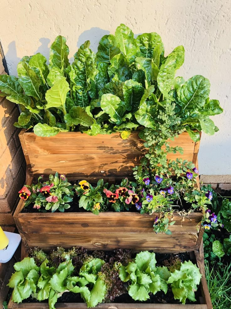 a wooden planter filled with lots of green plants