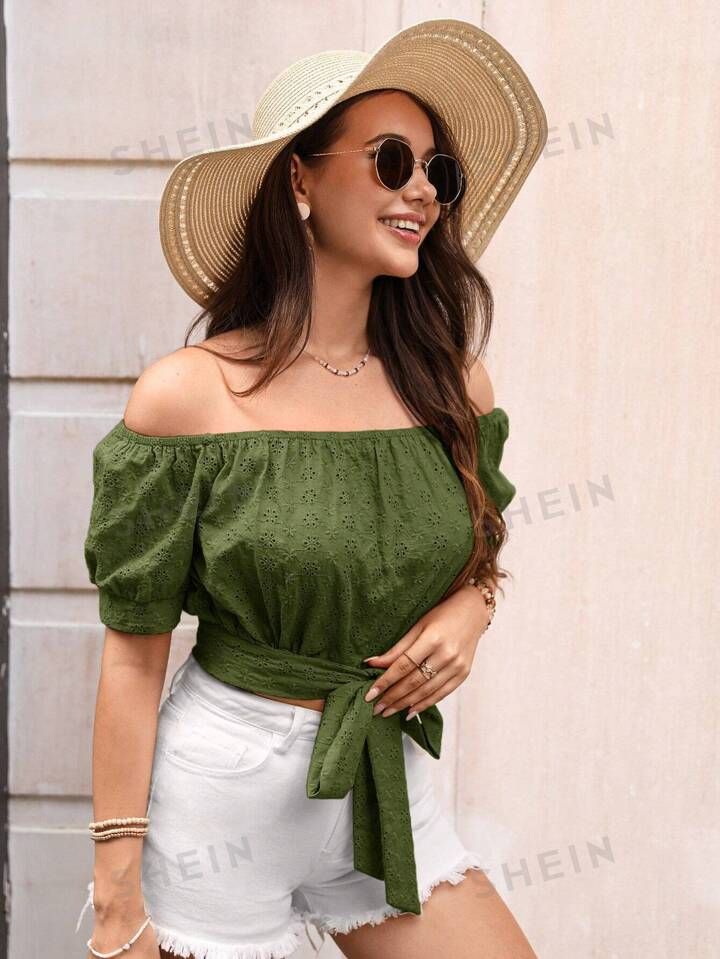 Trendy Off-shoulder Beach Blouse, Green Bohemian Summer Top, Green Bohemian Top For Summer, Casual Off-shoulder Blouse For The Beach, Green Bohemian Top For Day Out, Bohemian Short Sleeve Peasant Top For Day Out, Casual Peasant Top For Beach, Bohemian Off-shoulder Blouse For Vacation, Trendy Peasant Top For Summer Day Out