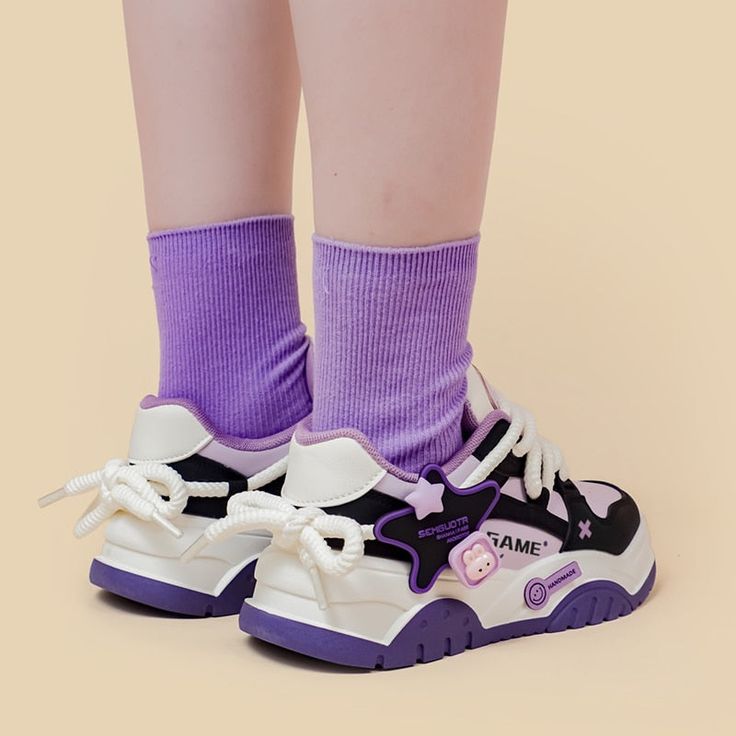 **These shoes are a LIMITED EDITION. Once sold out, they will NOT be restocked!** Features: Our Purple Power Gamer Bunny Chunky Sneakers are designed with the boldest purple accent colors to make all of your outfits pop! These sneakers are not just a fashion statement, but a reflection of your sweet personality. Whether you're strolling through city streets, playing games all night, or simply hanging out with friends, these sneakers will have you stepping in confidence. Made to be ultra thick an Sweet Personality, Preppy Shoes, Purple Accents, Purple Shoes, Sports Trainers, Chunky Sneakers, Diy Shoes, Playing Games, Character Outfits