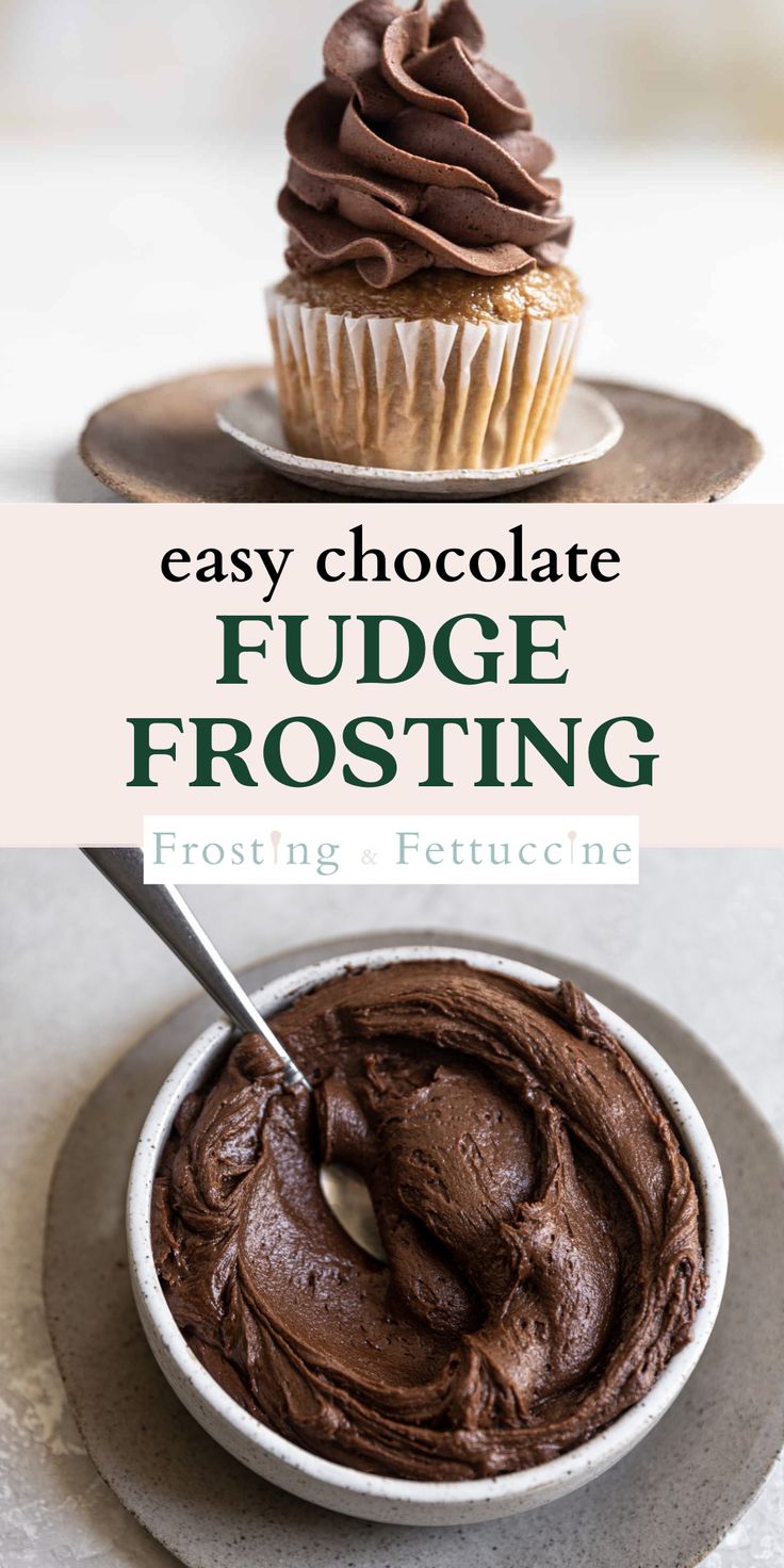 chocolate fudge frosting in a white bowl on a plate with a cupcake