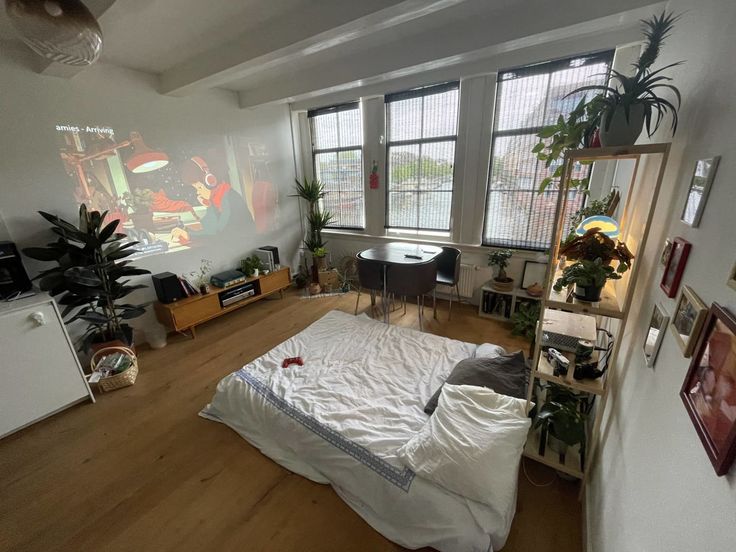 a bed room with a neatly made bed and lots of plants on the windowsill