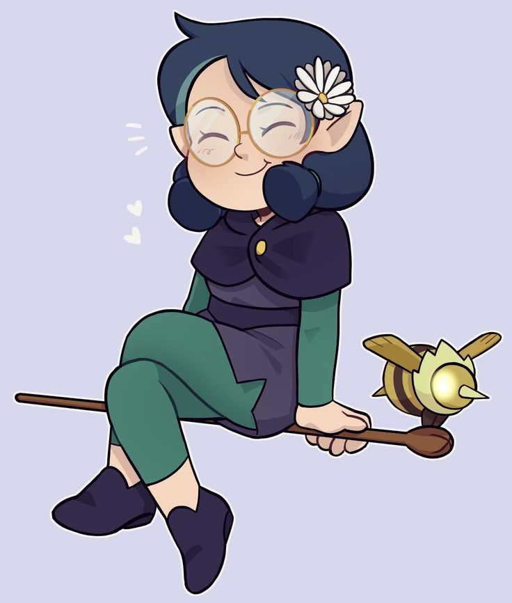 a woman with glasses sitting on top of a broom next to a small yellow bird