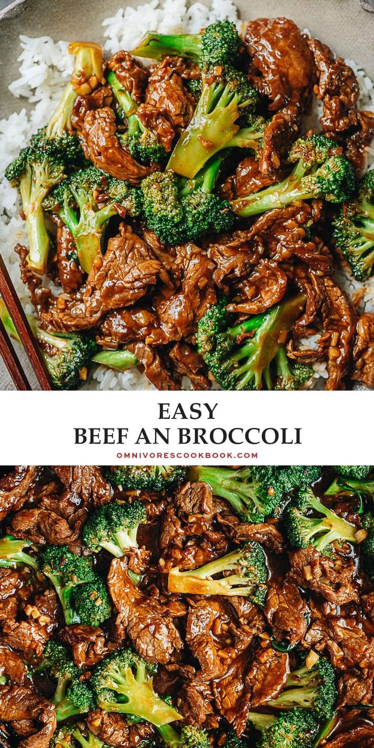 beef and broccoli stir fry on top of white rice with chopsticks