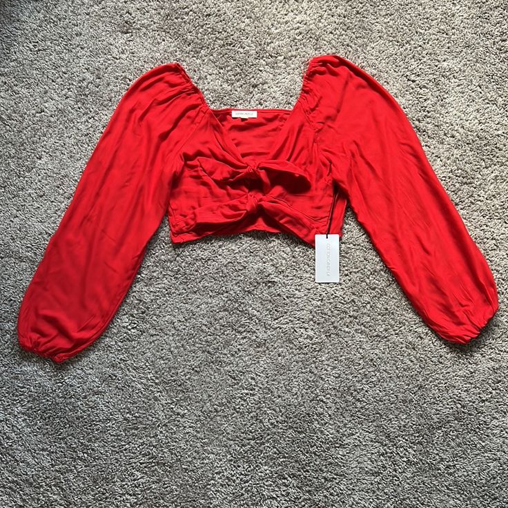 - Brand New - Measurements Shown In Photos - Two Ties In Front Red Long Sleeve Crop Top For Fall, Red Cotton Blouse For Brunch, Red Stretch Cotton Blouse, Red Long Sleeve Cotton Crop Top, Red Stretch Blouse For Fall, Casual Red Blouse For Brunch, Red V-neck Crop Top For Spring, Red Long Sleeve Blouse For Day Out, Red Casual Top For Brunch