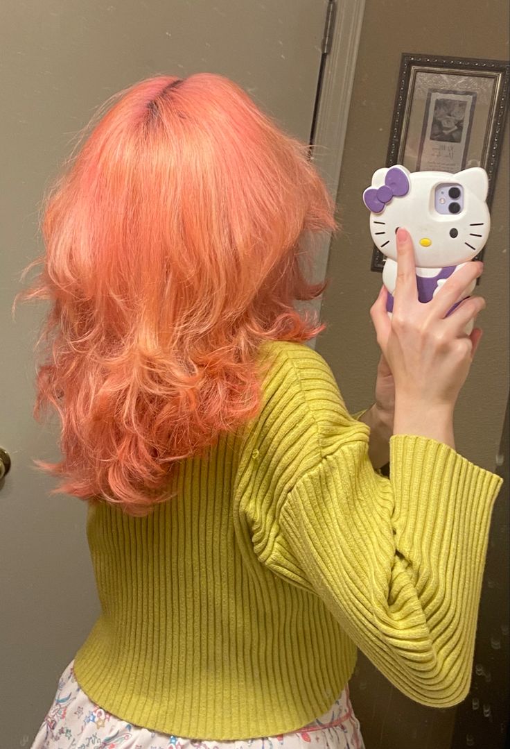 Salmon Pink Hair Color, Sunset Pink Hair, Coral Colored Hair, Pastel Orange Hair Peach, Peach Dyed Hair, Pink And Orange Hair Black Women, Salmon Hair Color Peach, Orangey Pink Hair, Peach And Brown Hair