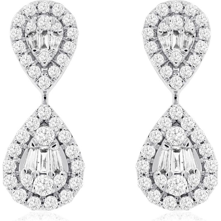 Royal 14K White Gold Drop Earrings with Round and Baguette Diamonds - 0.80 Carat Total Diamond Weight Timeless Diamond White Baguette Cut Earrings, Dazzling Baguette Cut Diamond Earrings, Elegant Baguette Cut Halo Diamond Earrings, Elegant Baguette Cut Diamond Earrings With Halo Design, Timeless Baguette Cut Diamond White Earrings, Diamond White Baguette Cut Halo Earrings, Diamond White Baguette Cut Earrings With Halo Design, Dazzling Diamond White Baguette Cut Earrings, Dazzling White Diamond Earrings With Baguette Diamonds