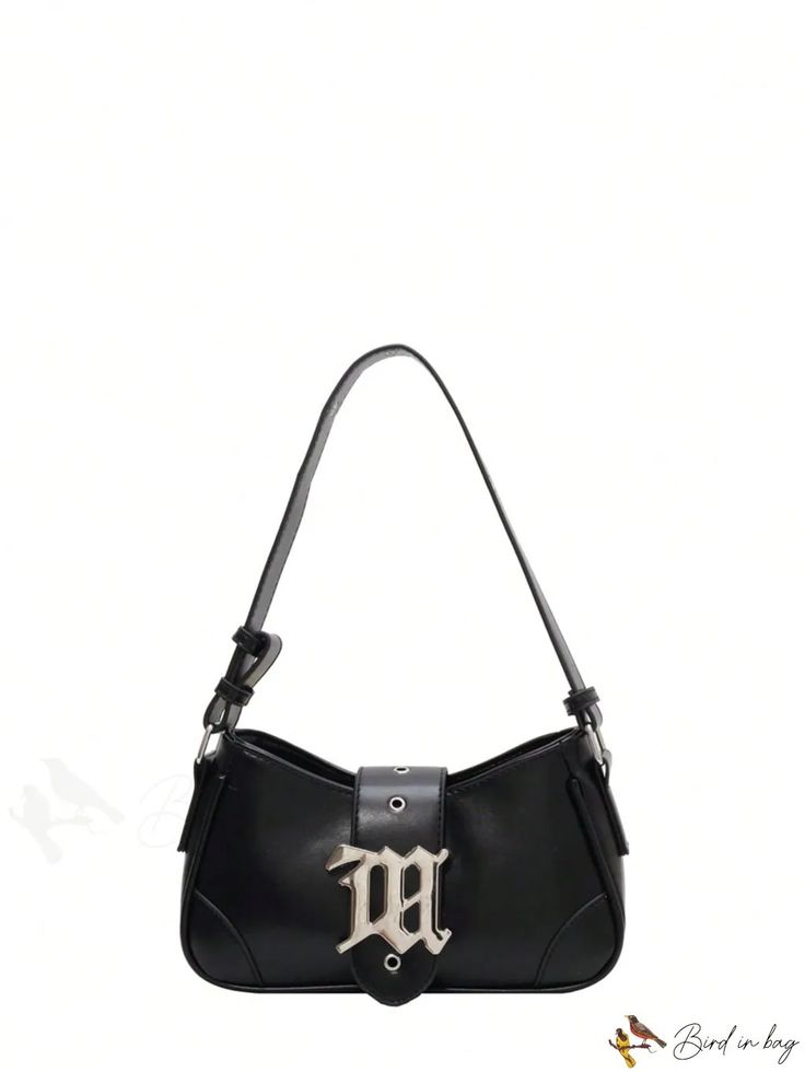 BirdinBag - Stylish Adjustable Strap Baguette Bag with Black Letter Accent Black Large Capacity Baguette Satchel Bag, Black Large Capacity Baguette Shoulder Bag, Large Capacity Black Baguette Satchel Bag, Black Handheld Baguette Bag For Daily Use, Black Large Capacity Baguette Bag For Evening, Black Baguette Bag With Large Capacity For Evening, Black Rectangular Baguette Bag With Large Capacity, Black Trendy Double Handle Baguette Bag, Black Trendy Baguette Bag With Double Handle