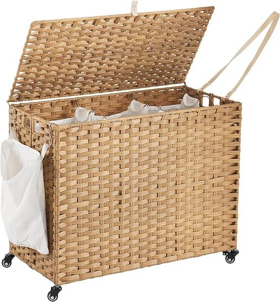 a wicker storage box with two bottles in it and a white cloth hanging from the lid