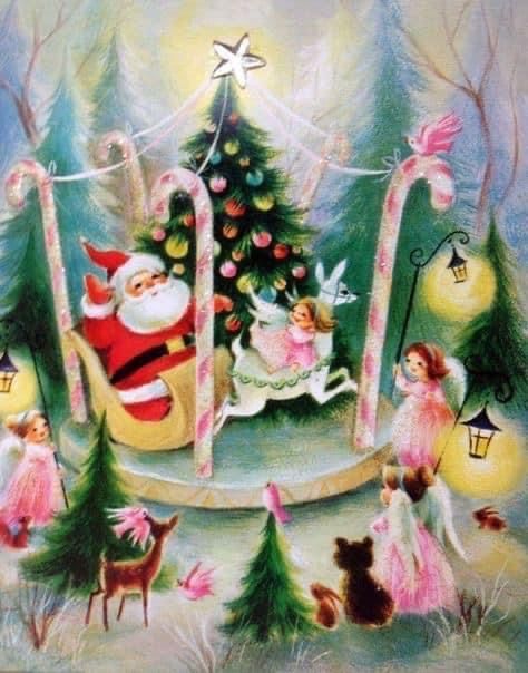 a christmas scene with santa and elves on a sleigh next to a tree