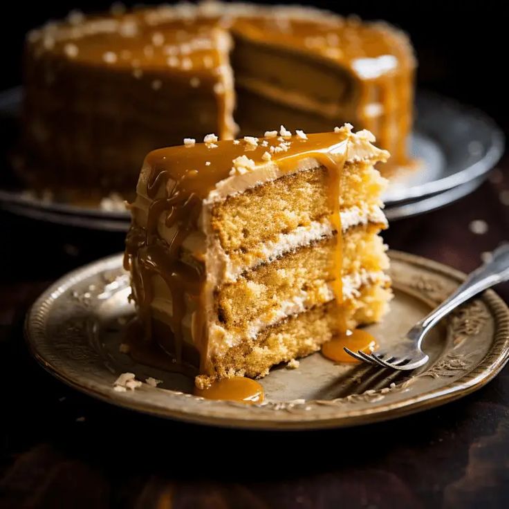 a slice of cake with caramel drizzled on the top is sitting on a plate