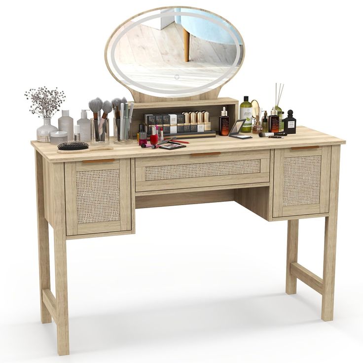 a wooden desk topped with lots of bottles and drawers next to a round mirror on top of it