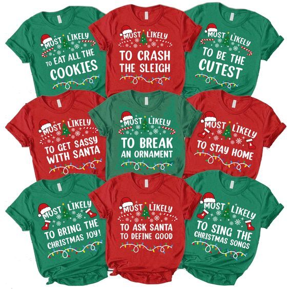 six christmas shirts with words on them