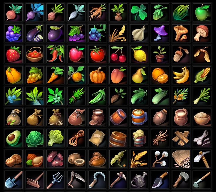 a bunch of different types of fruits and vegetables on a black background, all in the same pattern