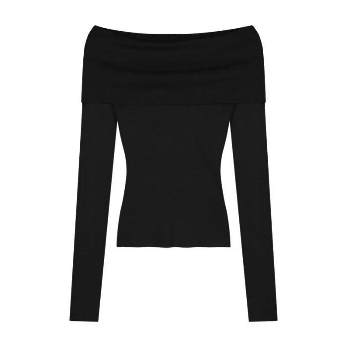 Color: Black, Size: One Size Dc Romantic, Tops Korean, Chic Shirts, Flared Sleeves Top, Black Off Shoulder, Y2k Clothing, Collars For Women, Cropped T Shirt, Winter Clothing