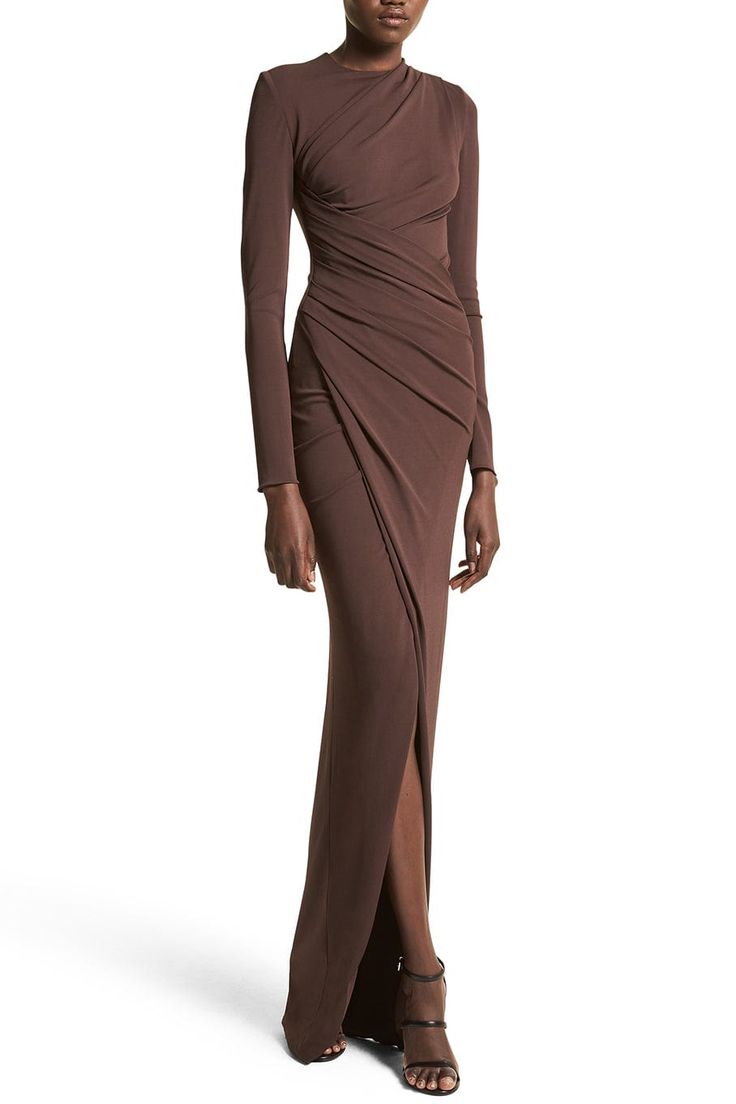 Michael Kors ruched long sleeve gown in chocolate. 95% Viscose 5% Elastane Dry Clean Made in Italy Outfits Classy, Sleeve Gown, Long Sleeve Gown, Khaki Dress, Kochi, Daily Dress, الرسومات اللطيفة, Classy Dress, Fancy Dresses