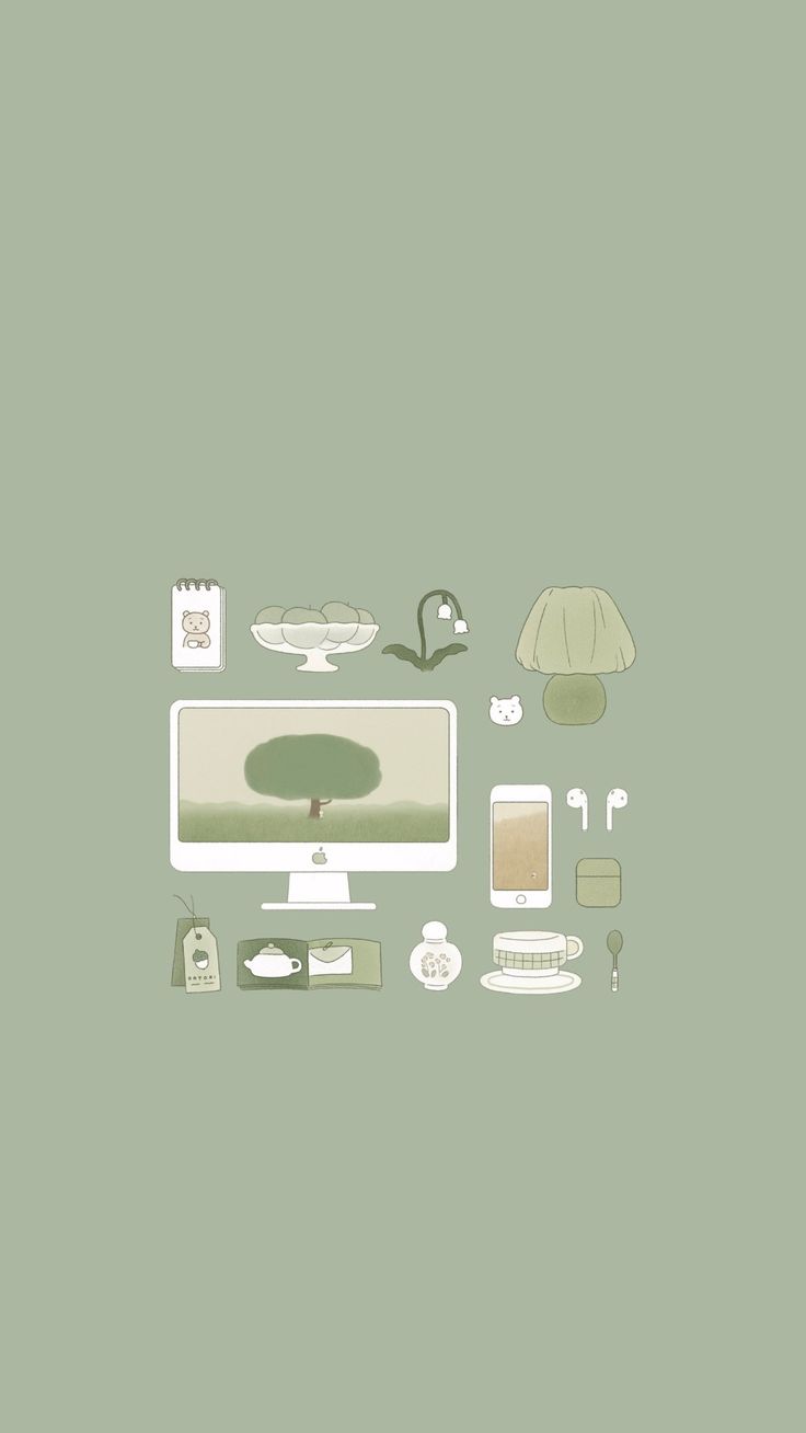 Cute green wallpaper with a desktop, lamp, teabag Pastel Green Background Plain, Mint Aesthetic Background, Aesthetic Background Green Pastel, Yellow Lofi Aesthetic, Sage Green Cartoon, Soft Mint Aesthetic Wallpaper, Pastel Green Lockscreen, Green Korean Aesthetic Wallpaper, Green Kawaii Aesthetic