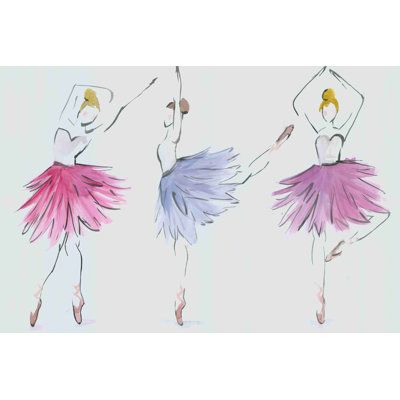 three ballerinas in pink and purple tutu skirts